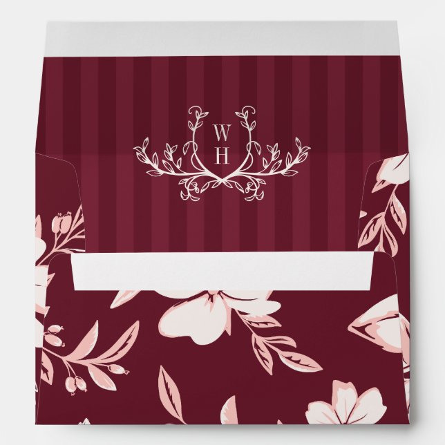 Blush Burgundy Florals Greenery Monogram Wedding Envelope (Back (Bottom))