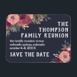 Blush Burgundy Flower Family Reunion Save the Date Magnet<br><div class="desc">Family reunion save the date magnet printed with blush and burgundy floral arrangements and rustic fonts against a dark blue background.</div>
