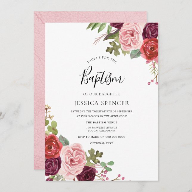 Blush & Burgundy Flowers Baptism Invitation (Front/Back)