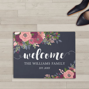 Blush & Burgundy Flowers - Family Name - Welcome Doormat