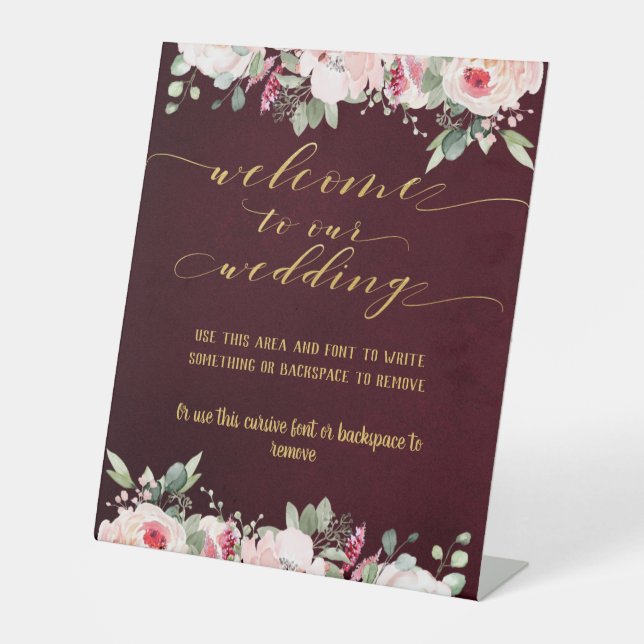 Blush Burgundy Gold Fancy Font Calligraphy Welcome Pedestal Sign (Front)