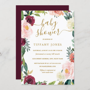 Blush Burgundy Gold Floral Baby Shower Invite