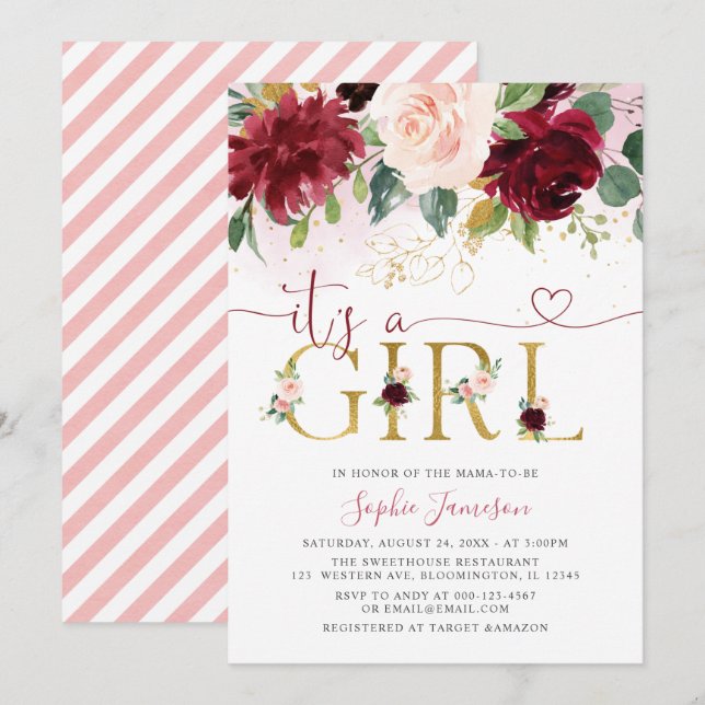 Blush Burgundy Gold Floral It's A Girl Baby Shower Invitation (Front/Back)