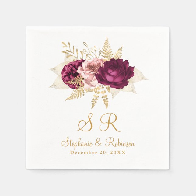 Blush Burgundy Gold Floral Monogram Wedding Paper  Napkin (Front)