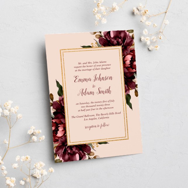 Blush Burgundy Gold Flowers Wedding Invitation (Creator Uploaded)
