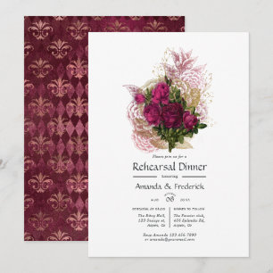 Blush Burgundy Gold Shabby Floral Rehearsal Dinner Invitation