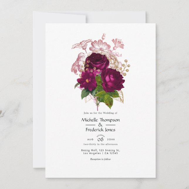 Blush Burgundy Gold Shabby Floral Wedding QR Code  Invitation (Front)