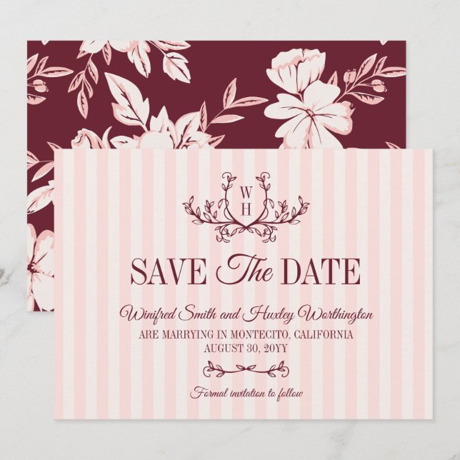 Blush Burgundy Greenery Monogram Wedding Save The Date (Front/Back)
