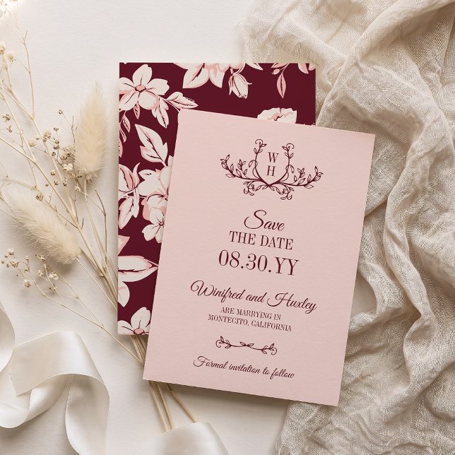 Blush Burgundy Greenery Monogram Wedding Save The Date (Creator Uploaded)