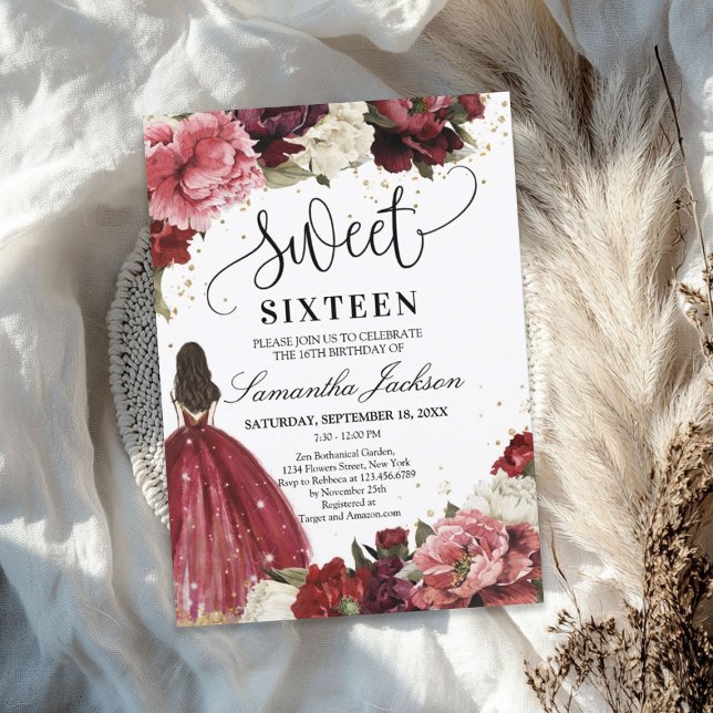 Blush burgundy maroon flowers princess dress invitation (Blush burgundy maroon flowers princess dress invitation)