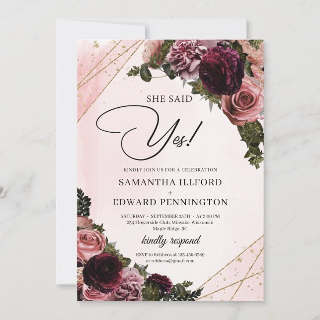 Blush burgundy mauve flowers gold she said yes invitation (Front)