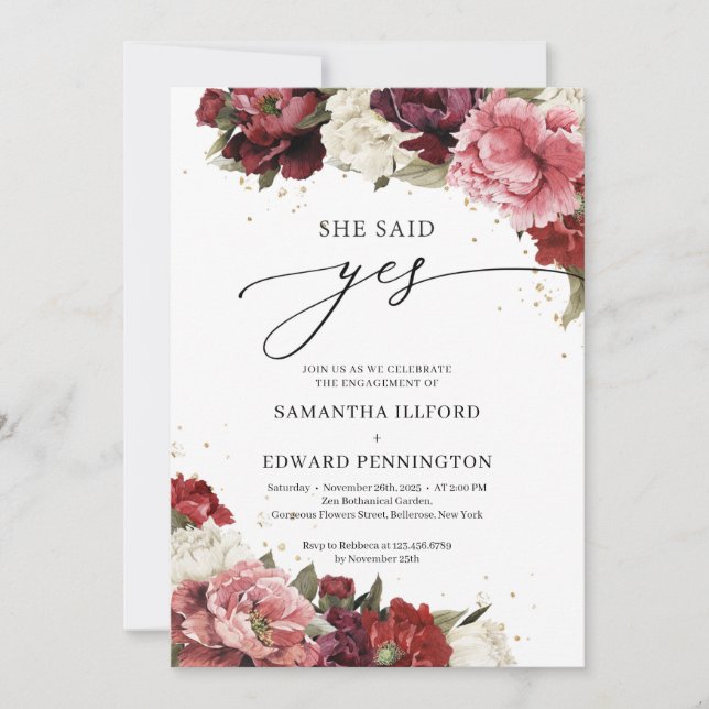 Blush burgundy mauve flowers peonies She said Yes Invitation (Front)