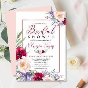 Blush Burgundy & Navy Blue Floral Bridal Shower Invitation
