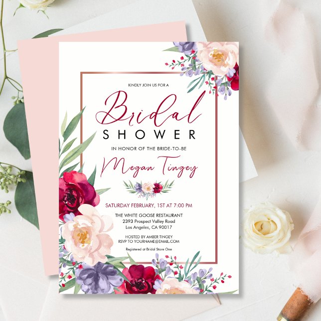 Blush Burgundy & Navy Blue Floral Bridal Shower Invitation (Creator Uploaded)