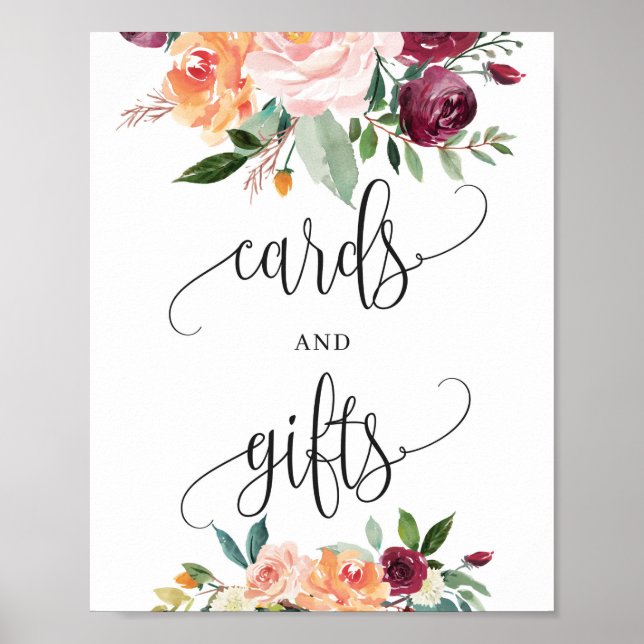 Blush burgundy orange floral cards and gifts sign (Front)