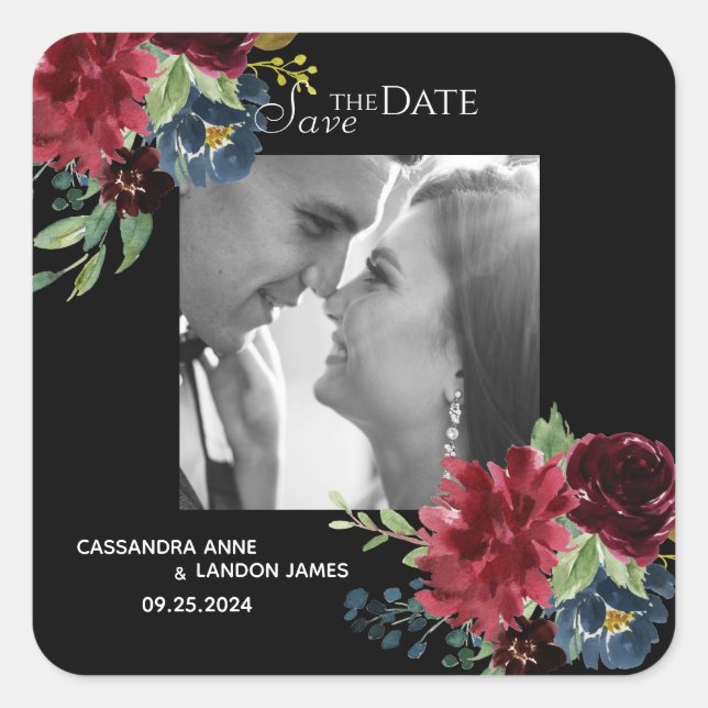 Blush Burgundy Photo Floral Elegant Watercolor Square Sticker (Front)