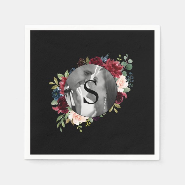 Blush Burgundy Photo Monogram Floral Wedding Napkin (Front)