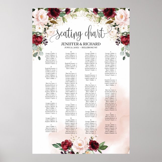 Blush burgundy pink floral wedding seating chart (Front)