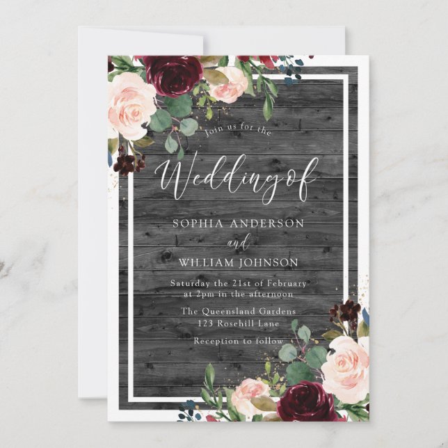 Blush & Burgundy Red Flowers Charcoal Wood Wedding Invitation (Front)
