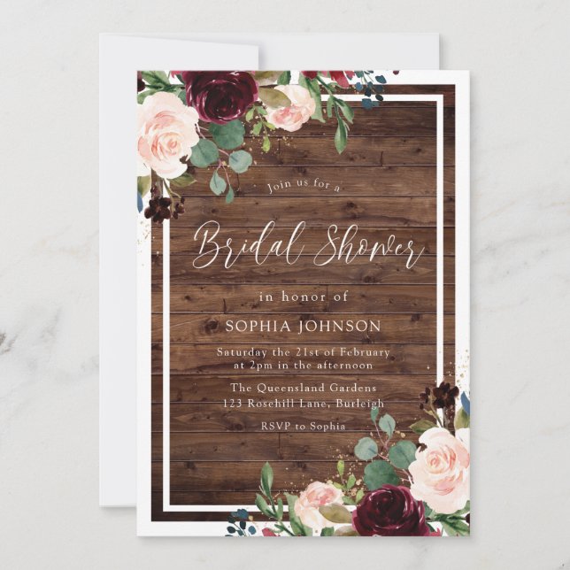Blush & Burgundy Red Flowers Rustic Bridal Shower Invitation (Front)