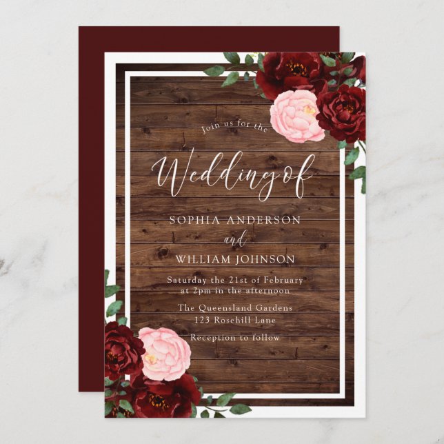 Blush & Burgundy Red Roses Rustic Wood Wedding Invitation (Front/Back)