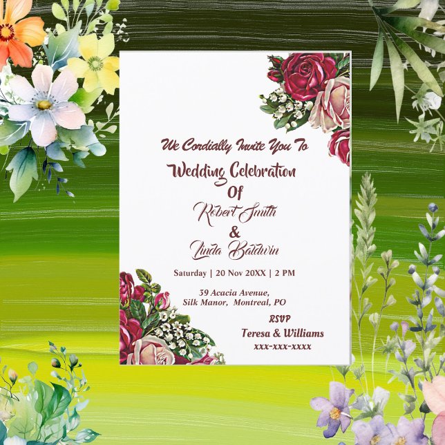 Blush Burgundy Red Rustic Roses Country Wedding Invitation (Blush Burgundy Red Rustic Roses Country Wedding Invitation)