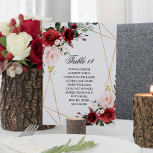Blush & Burgundy Rose Wedding Seating Chart Cards