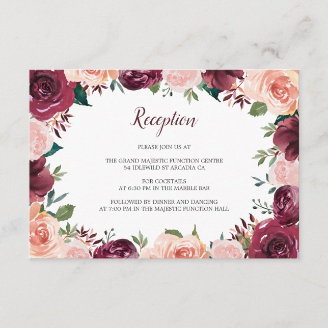 Blush Burgundy Roses Border Wedding Reception Enclosure Card (Front)