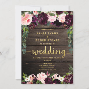 Blush Burgundy Rustic Gold Calligraphy Wedding Invitation