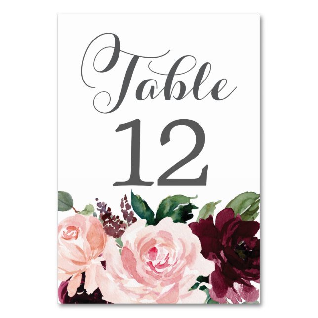 Blush Burgundy Table Cards Wedding Table Numbers (Front)