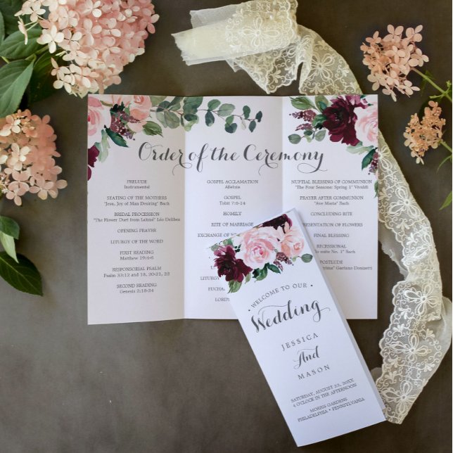 Blush Burgundy Tri-Fold Wedding Program Memory Flyer (Creator Uploaded)