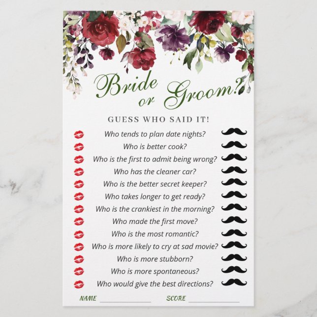 Blush Burgundy Watercolor Bloom Bridal Shower Game (Front)