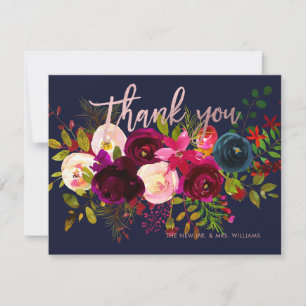 Blush+Burgundy Watercolor Bouquet Thank You Cards