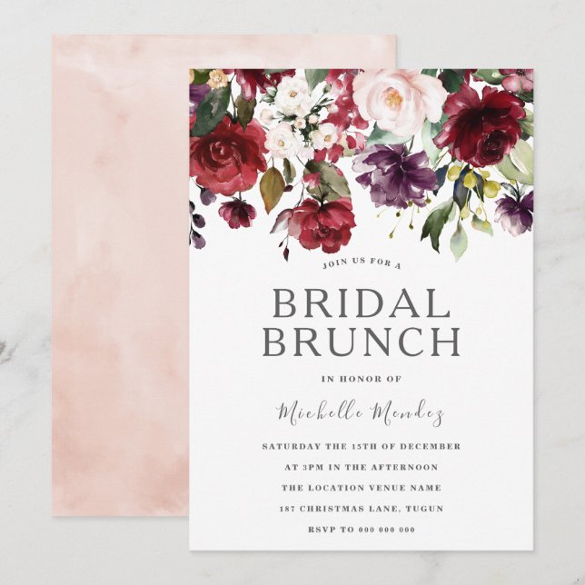 Blush Burgundy Watercolor Bridal Shower Brunch Invitation (Front/Back)