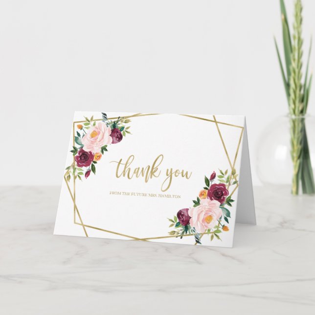 Blush Burgundy Watercolor Bridal Shower Thank You Card (Front)