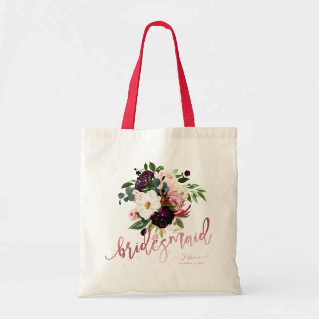 Blush Burgundy Watercolor Flowers Bridesmaid Gift Tote Bag (Front)