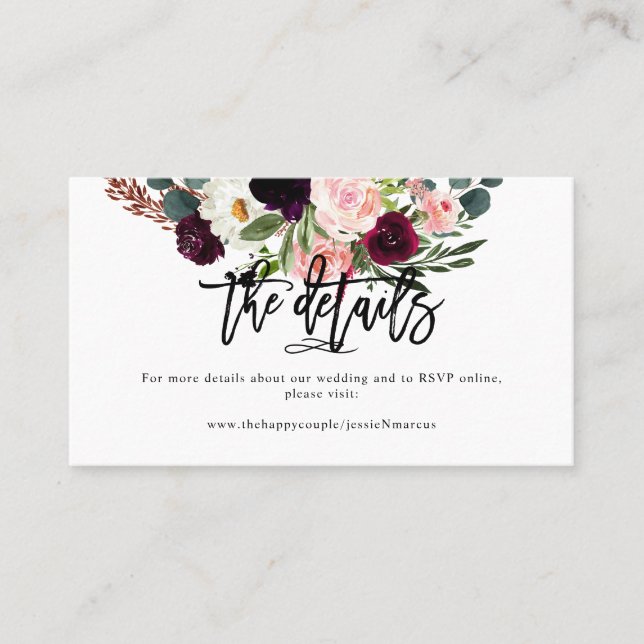 Blush+Burgundy Watercolor Flowers Wedding Details Business Card (Front)