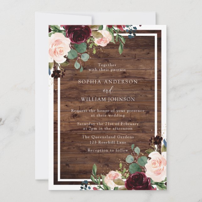 Blush & Burgundy Watercolor Rustic Wood Wedding Invitation (Front)