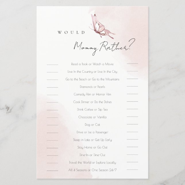 Blush Butterfly How Many Kisses Baby Shower Game (Front)