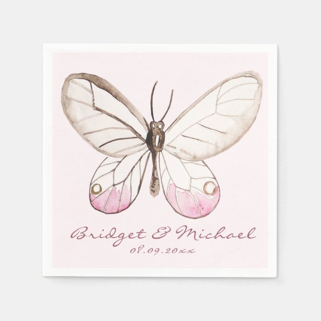 Blush Butterfly Personalised Wedding Paper Napkins (Front)