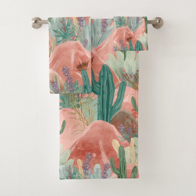 Blush Canyon Desert Bloom Watercolor Scene Bath Towel Set (Insitu)