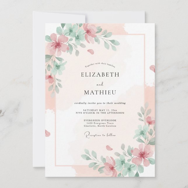 Blush Celadon Peony Wedding Invitation (Front)