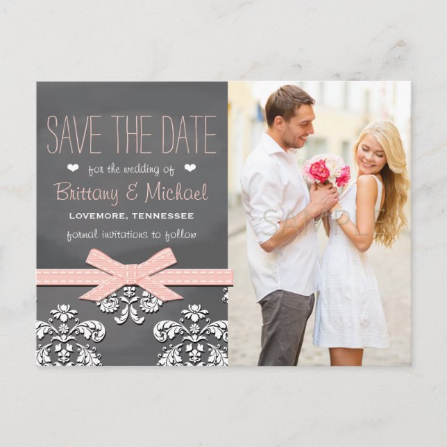 Blush Chalkboard Lace Bow Save the Date Postcard (Front)