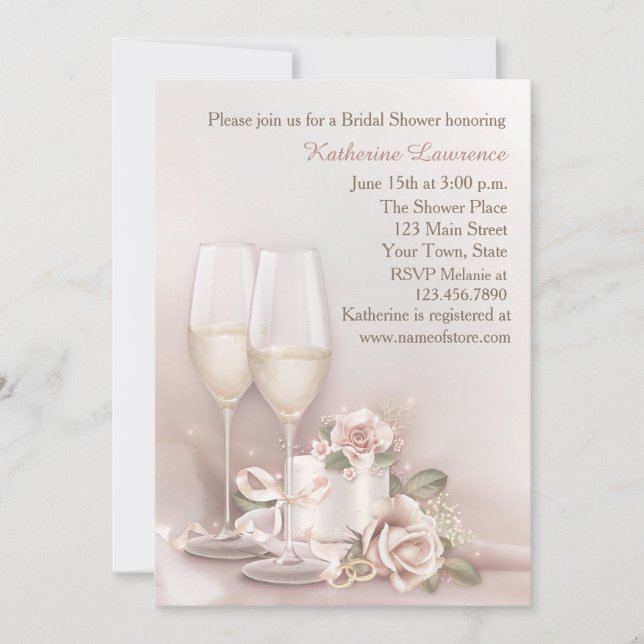 Blush Champagne and Cake, Bridal Shower Invitation (Front)