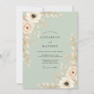 Blush Champagne Mint Leafy Wedding Invitation