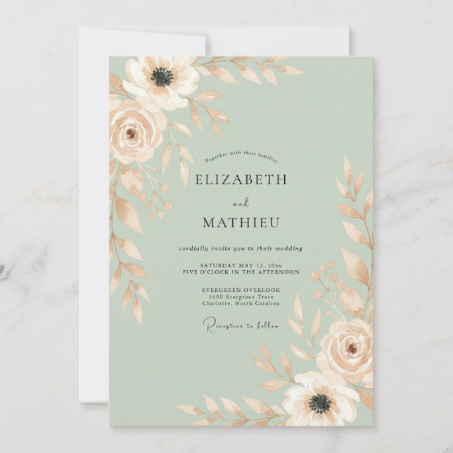 Blush Champagne Mint Leafy Wedding Invitation (Front)
