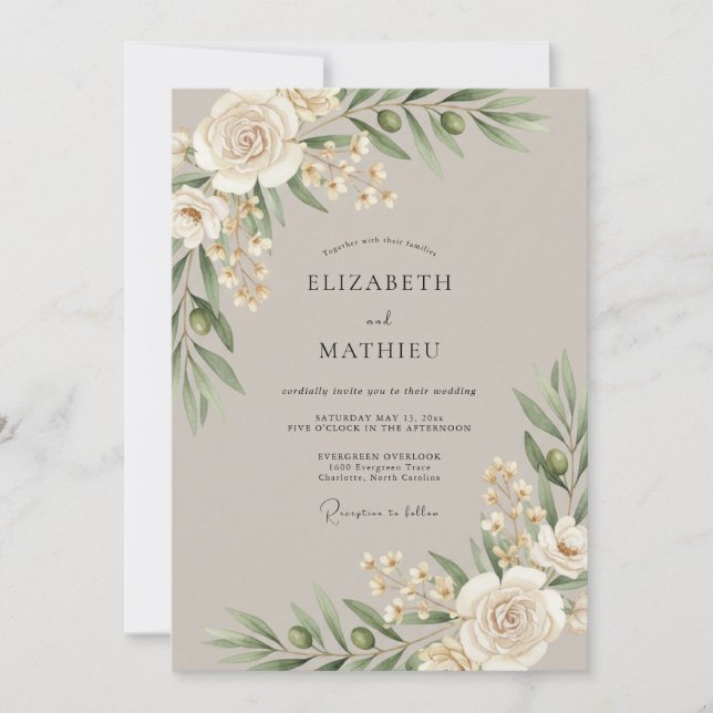 Blush Champagne Olive Leafy Wedding Invitation (Front)