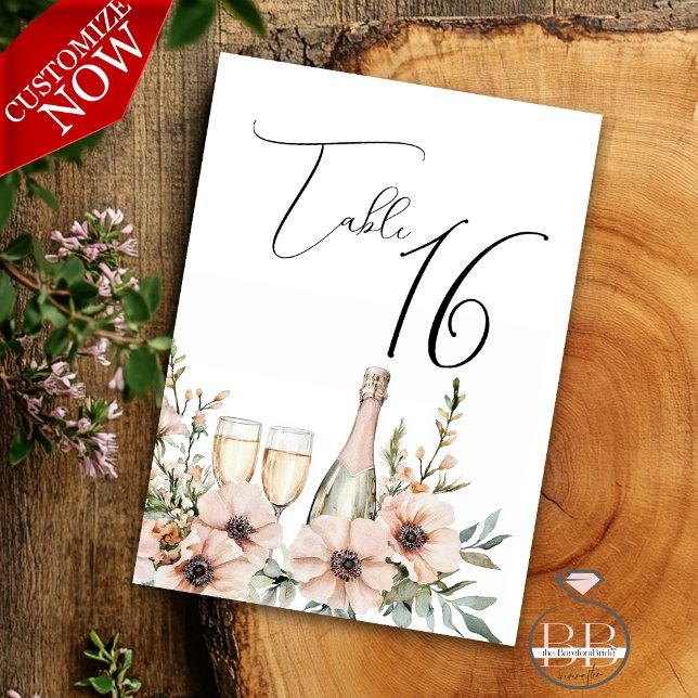 Blush Champagne & Wildflower Watercolor Table Number (Creator Uploaded)