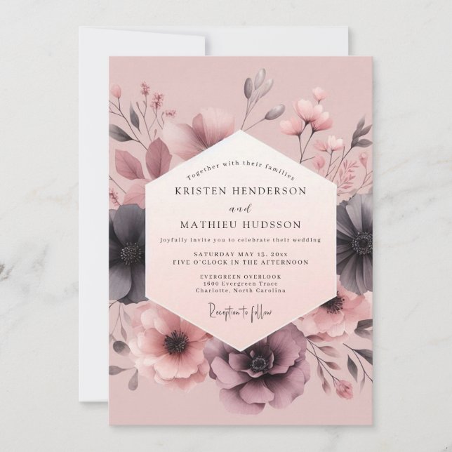 Blush Charcoal Anemone Wedding Invitation (Front)