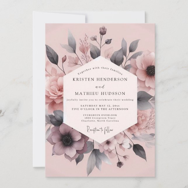 Blush Charcoal Floral Elegance Wedding Invitation (Front)